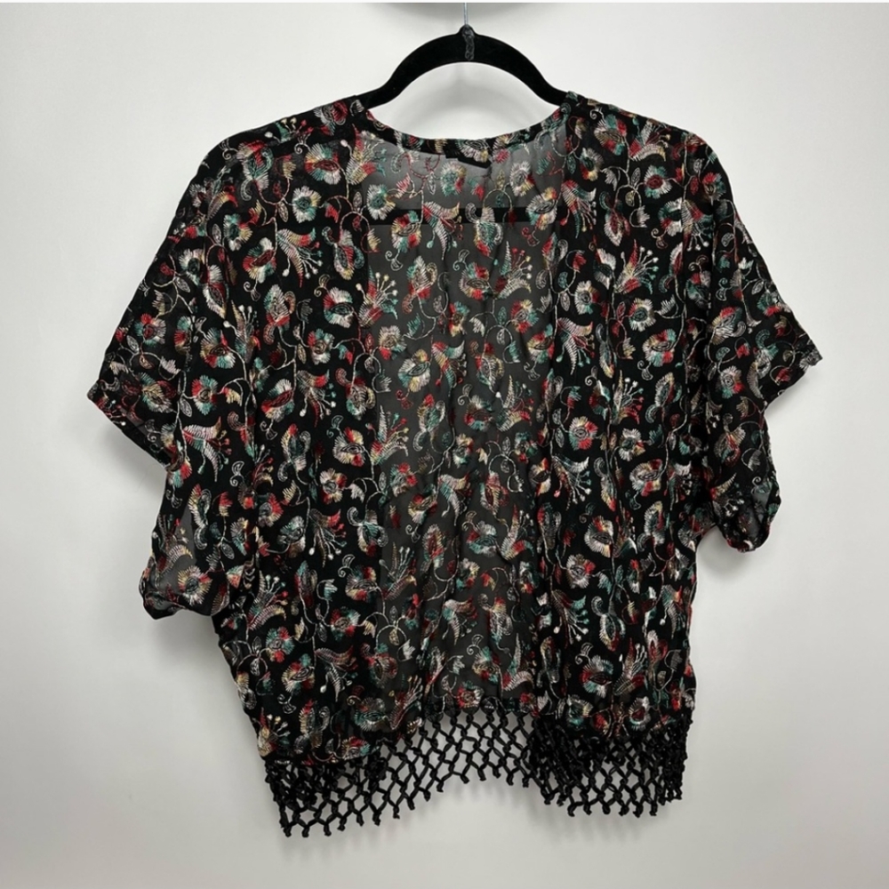 Embroidered Kimono Fringe Sheer Mesh Boho Floral Bolero Shrug / Cardigan, S/ M